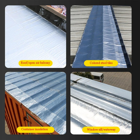 Heavy Duty Self Adhesive Bitumen Roof Repair Tape Waterproof Underlayment Roll used on various outdoor surfaces for sealing.