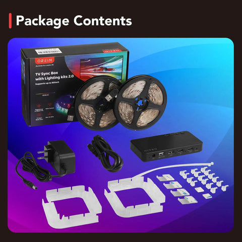 Immersive TV LED Backlights With WiFi Control And HDMI 2.0 Sync Box package contents including backlight strips and accessories.