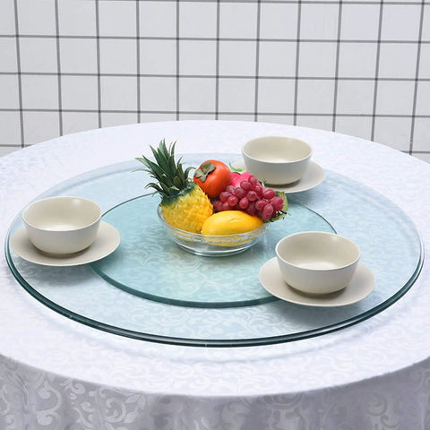 24 Inch Heavy Duty Lazy Susan 360-Degree Turntable with Tempered Glass and Silent Bearings on dining table with fruit bowl