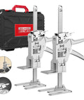 Pair Of Heavy Duty Sheetrock Drywall Lift And Furniture Board Lifting Helper Platform With Two Drop Modes And Adjustable Height Stand For Zero Sweat Solo Pro Installs in metal with carrying case.