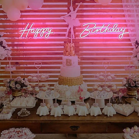Pink Happy Birthday Neon Sign With Dimmer For Party Decoration And Bedroom Wall Decor Two Panel 16.5x8 And 23x8 Inches in party setup