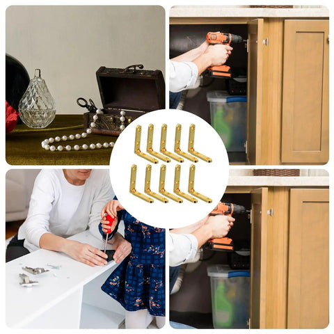 Collage of Tough Zinc Alloy Jewelry Box Hinges 90 Degree Spring For Miniature Furniture And Wooden Boxes 10 Pack with installation scenes