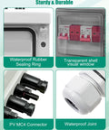 Close-up of 63 Amp Solar Disconnect Switch DC Breaker Box With Surge Protector, showing waterproof sealing ring and PV MC4 connector.
