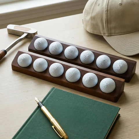 Two Pack Walnut Golf Ball Holder Display Case With Wall Mount Or Tabletop Stand For 12 Standard Balls on a desk