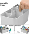 Gray plastic caddy with handle and removable divider, showing compartments for organizing stationery and office supplies. All In One Multipurpose Caddy Organizer With Handle Stackable Plastic Desk Organizer For Stationery, Markers And Pencils, Office Supplies, Dorm Caddy, A Real Lifesaver For Makeup, Cleaning Or Bathroom Use.