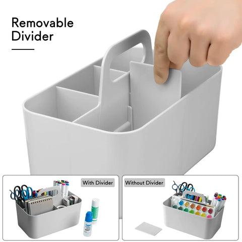 Gray plastic caddy with handle and removable divider, showing compartments for organizing stationery and office supplies. All In One Multipurpose Caddy Organizer With Handle Stackable Plastic Desk Organizer For Stationery, Markers And Pencils, Office Supplies, Dorm Caddy, A Real Lifesaver For Makeup, Cleaning Or Bathroom Use.