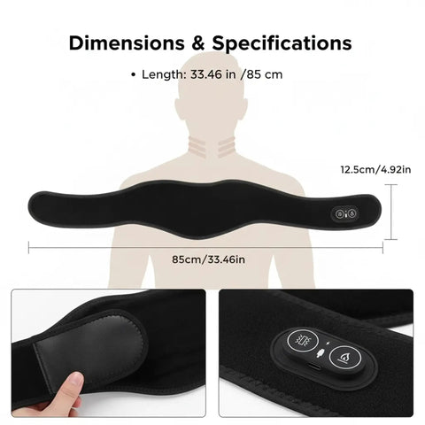 Portable Heated Neck Massager Wrap with 3 Heat Levels and 3 Vibration Modes, dimensions and close-up of control buttons