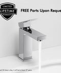Chrome Single Hole Bathroom Sink Faucet With One Handle, Solid Brass Construction, water flowing in modern vanity