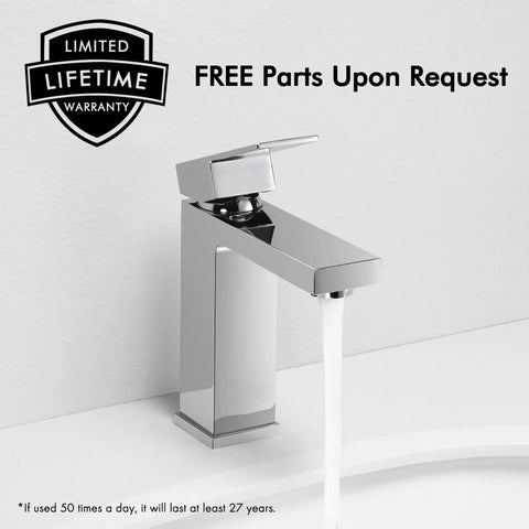 Chrome Single Hole Bathroom Sink Faucet With One Handle, Solid Brass Construction, water flowing in modern vanity