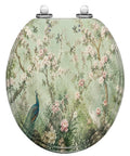 Round Peacock White Heron Blooming Garden Cherry Blossoms Toilet Seat with floral design and soft-close hinge, sturdy resin material.