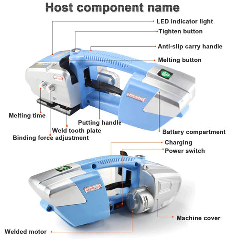 Electric Handheld Welding Strapping Machine For Pet And Pp Straps Portable Automatic Baler Tool With Tensioner detailed components and controls.