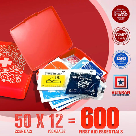 Grab And Go Pocket First Aid Kit With A Compact Hard Shell Case And 50 Essentials Per Pack For A Total Of 600 Medical Items In 12 Packs
