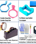 All-In-One Sublimation Tumbler Clamp Kit with heat tape dispenser and heat resistant gloves for 20 oz tumblers, shown with accessories.