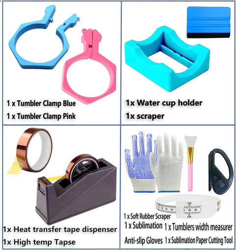 All-In-One Sublimation Tumbler Clamp Kit with heat tape dispenser and heat resistant gloves for 20 oz tumblers, shown with accessories.