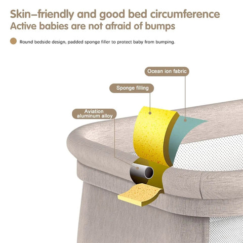 Close-up view of Smart Electric Baby Bedside Crib And Bluetooth Bassinet For Room Sharing with padded sponge filling and aluminum alloy detail.