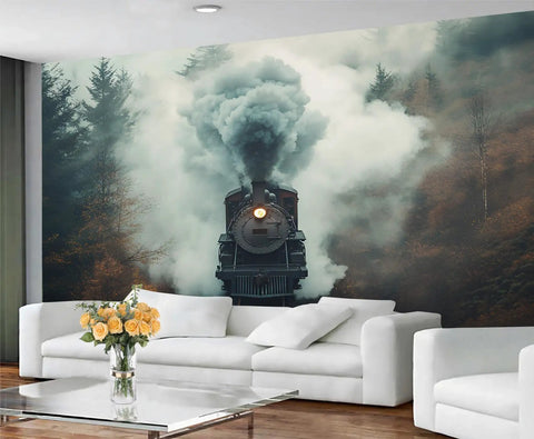 Epic Locomotive Through Foggy Forest 3D Wall Mural Dope Train Adventure Wallpaper for Living Room, Large Silk Cloth Decor