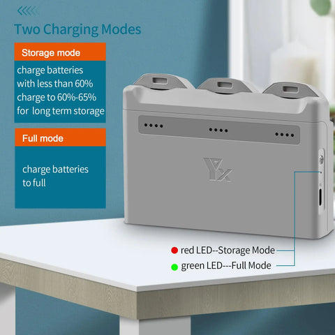 Two Way Charging Hub For Neo Drone Battery Station With Fast Charger Case And Cable, Charges Three Intelligent Flight Batteries In About 42 Minutes, PD65W Power Hub With Battery Pass Through For Goggles And Phones, Dual Charging Modes displayed on table.