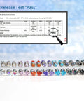Ni Release Test 'Pass' document with colorful heart-shaped earrings made from titanium and pink CZ gemstones.
