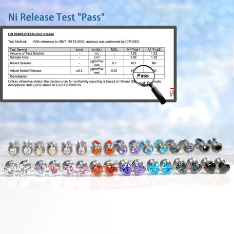 Ni Release Test 'Pass' document with colorful heart-shaped earrings made from titanium and pink CZ gemstones.
