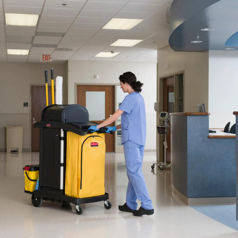 High Security Janitorial Cart With Wheels Heavy Duty Locking Hood And Cabinets Yellow Vinyl Bag Seven Point Two Five Cubic Feet Capacity For Commercial Facilities Hotels Stadiums Schools And Offices Ergonomic Front Access Waste Bag