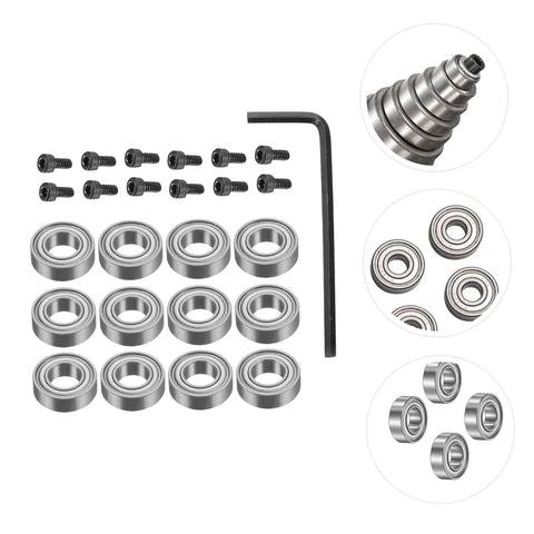 12 Piece Router Bit Bearing Accessory Kit With Top Mounted Ball Bearings, Screws And Wrench For Woodworking, Pro Grade Router Bits Compatibility And Replacement Tools, showing bearings, screws, and wrench layout.