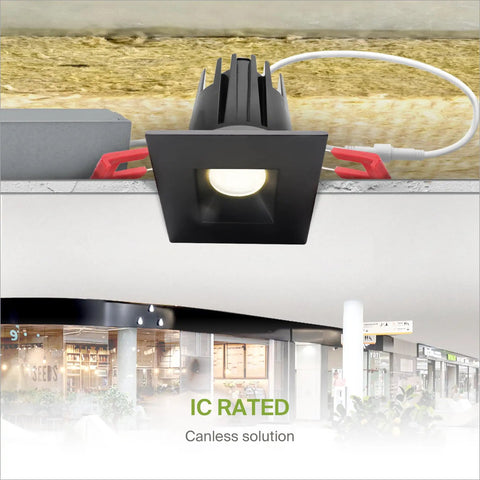 Top Shelf Square Led Recessed Downlights With Slick Integrated Junction Box Hella Bright 7 Watt 5 Way Adjust Color Changing Anti Glare Dimmable Ic Rated Ceiling Lights Matte Black Finish 24 Count, shown installed in ceiling.
