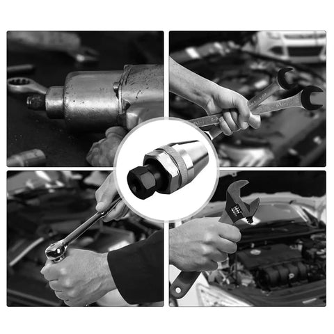 Damaged Bolt And Stud Extractor Tool For One Quarter Inch To One Half Inch Studs That Grips And Removes Broken Rounded Off Painted Over And Rusted Tight Bolts Heavy Duty Alloy Steel For Manual Or Pneumatic Wrenches in use with various wrenches and tools.