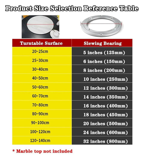 Product size selection table for Heavy Duty Lazy Susan Turntable Base In Aluminum Alloy With Smooth 360 Degree Rotation for tables.