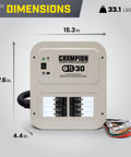 30 Amp Indoor Transfer Switch With 25 Foot Generator Cord, Weather Resistant Inlet Box, Eight Circuits, UL 1008 Certified, Prewired For Easy Install, Plug And Play Indicator Lights On Rocker Switch, dimensions shown