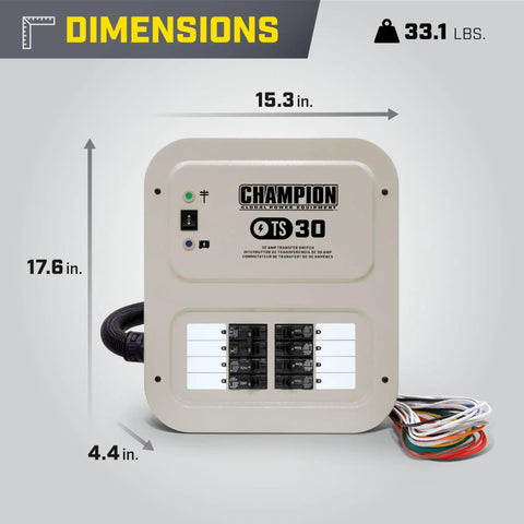 30 Amp Indoor Transfer Switch With 25 Foot Generator Cord, Weather Resistant Inlet Box, Eight Circuits, UL 1008 Certified, Prewired For Easy Install, Plug And Play Indicator Lights On Rocker Switch, dimensions shown