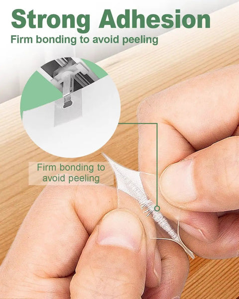 Vertical Blinds Slats Repair Kit with Transparent PVC Tabs and Strong Adhesive being applied to a wood surface