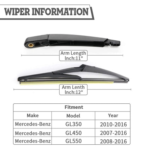 Diagram showing Mercedes Benz Rear Wiper Arm Nut Kit With Blade And Tools Replacement For GL Class 2010 To 2016 product details