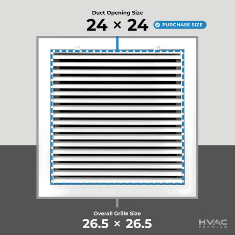 Aluminum Return Air Grille 24 By 24 Inches For 1 Inch Filters With Easy Airflow And Linear Bar Design Outer Dimensions 26 Point 5 By 26 Point 5 Inches Powder Coated Latch No Tool Required To Open For Unrestricted Quiet HVAC Vent