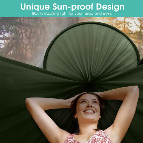 Two Person Pop Up Camping Hammock With Mosquito Net Lightweight Parachute Style Hanging Bed setup with sun-blocking feature in use