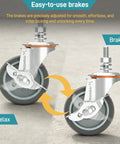 Super Smooth Rolling 3 Inch Caster Wheels Set Of Four Heavy Duty Rubber Casters With Threaded Stem 660 Pound Capacity showing easy-to-use brakes.
