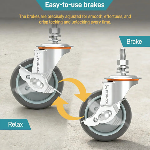 Super Smooth Rolling 3 Inch Caster Wheels Set Of Four Heavy Duty Rubber Casters With Threaded Stem 660 Pound Capacity showing easy-to-use brakes.