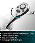 3 Piece Ratchet Set With 1/4 3/8 And 1/2 Inch Drive Ratchets 72 Tooth Quick Release Reversible Socket Wrench showing 72T design