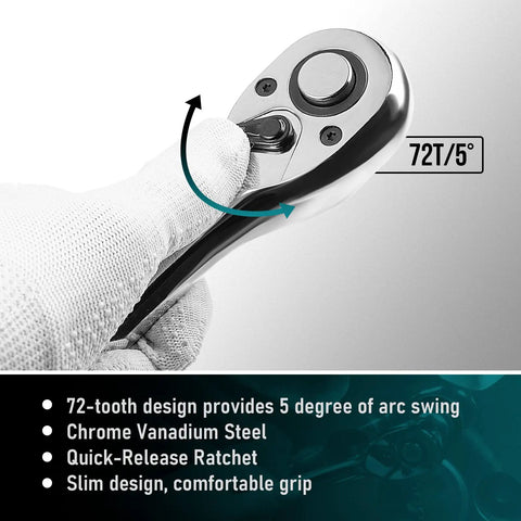 3 Piece Ratchet Set With 1/4 3/8 And 1/2 Inch Drive Ratchets 72 Tooth Quick Release Reversible Socket Wrench showing 72T design