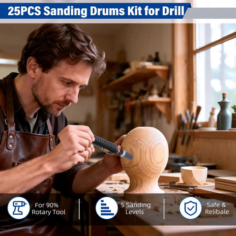 Craftsman using Pro Grade Sanding Drums Kit For Rotary Tool With One Eighth Inch Shank 25 Pcs for wood shaping in workshop