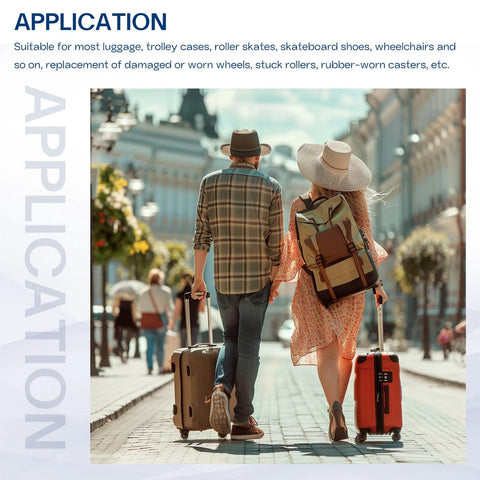 Couple walking with suitcases demonstrating Luggage Suitcase Replacement Wheels 80x24mm Rubber Swivel Caster Bearings Repair Kit