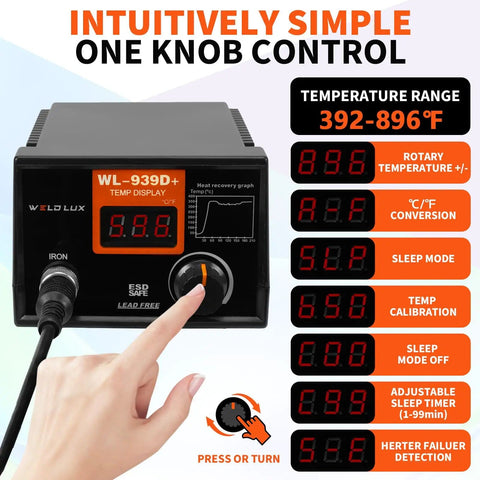 939D Plus Digital Soldering Station With 100W PID Temperature Control showing one knob control and temperature range