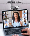 Smooth 1080P 60FPS Webcam With Autofocus Dual Mics And Privacy Cover for Zoom meetings on a laptop with multiple video feeds.