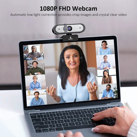 Smooth 1080P 60FPS Webcam With Autofocus Dual Mics And Privacy Cover for Zoom meetings on a laptop with multiple video feeds.