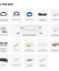 Contents of the Badass 70W Desktop CO2 Laser Engraver And Cutter Rig With LightBurn Tooling, including cables and materials.