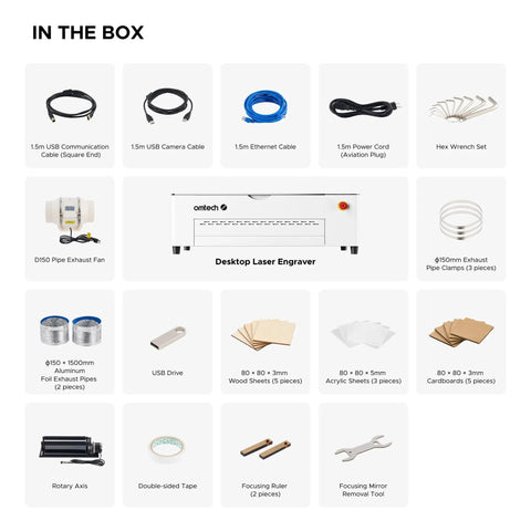 Contents of the Badass 70W Desktop CO2 Laser Engraver And Cutter Rig With LightBurn Tooling, including cables and materials.