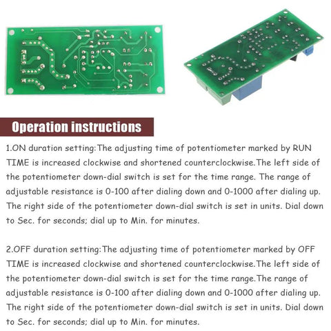 Infinite Cycle Delay Timer Relay Switch with circuit board and operation instructions for adjustable run and stop timers