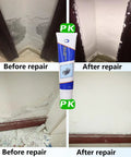 Collage showing 3 In 1 Wall Repair Kit Spackle Paste used on drywall cracks and holes with before and after repair results.