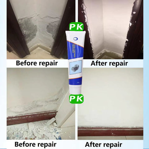 Collage showing 3 In 1 Wall Repair Kit Spackle Paste used on drywall cracks and holes with before and after repair results.