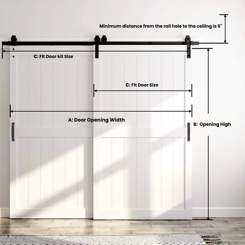 Space Saving Double MDF Sliding Barn Doors 48x96 With 8ft Bypass Hardware Kit, Waterproof, Easy Install, Fits 84-88 Inch Openings, White Finish