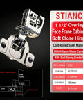Diagram of 1.5 Inch Overlay Soft Close Hinge for Face Frame Cabinets with specifications and hinge image against black background.
